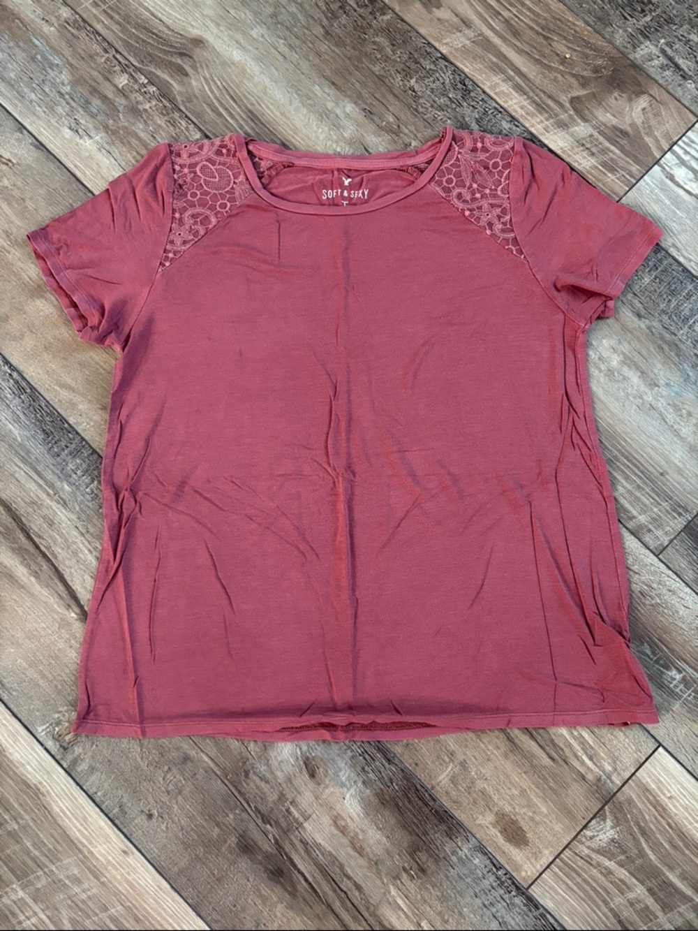 American Eagle Outfitters Short Sleeve Lace Yoke Tee — Rose